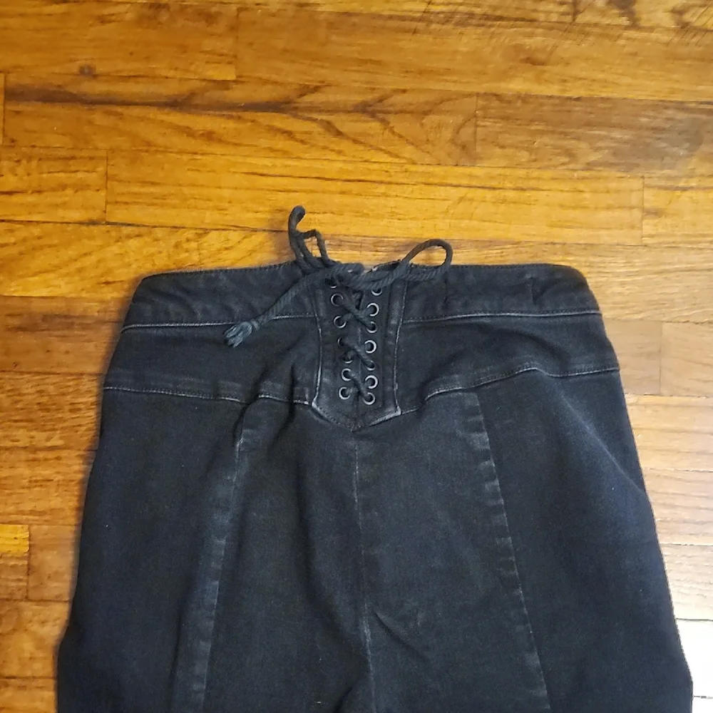 Free People Crvy Ultra High Waist Flare Black Jeans Boho Hippie Raw Hem Lace Up